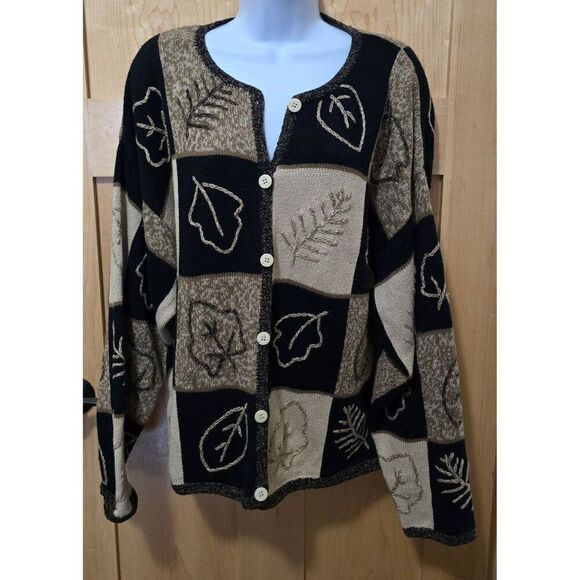 Vintage Christopher & Banks Leaf Pattern Cardigan Sweater Black & Tan Hand Embro - Picture 2 of 9